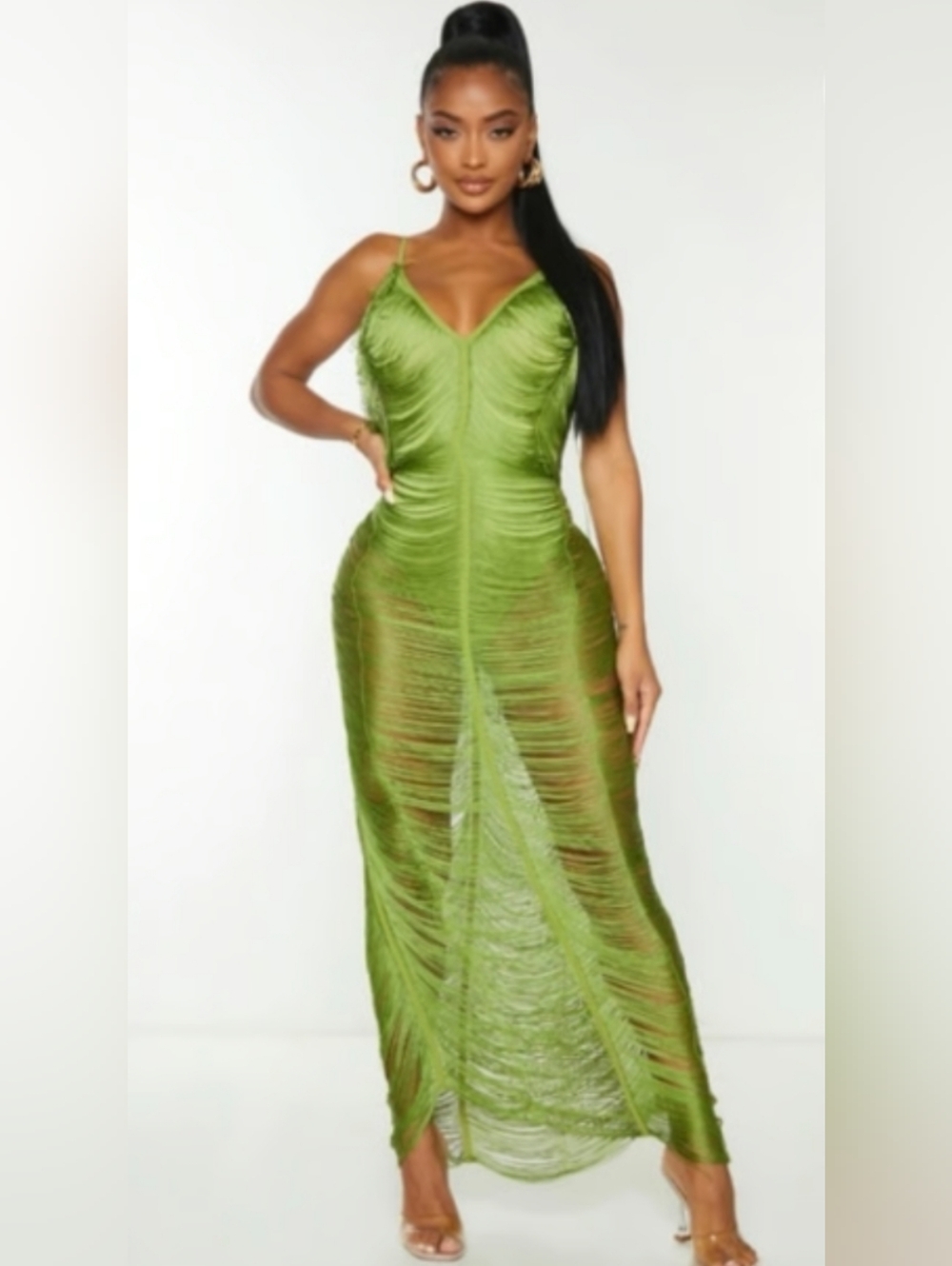 PrettyLittleThing Olive Shape fringe Midaxi Dress